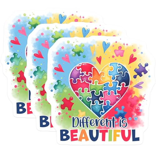 (3 Pack) Autism Awareness Decals - Puzzle Heart Stickers - Different is Beautiful Laptop Decals - 3 Inches On Longest Side - Easy Peel & Apply - Made in USA - 3MCS1978