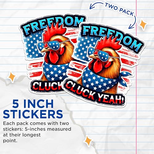 (2 Pack) Freedom Cluck Yeah Stickers - Patriotic Chicken Stickers - Funny American Pride Decals - 5" On Longest Side - Sticks to Any Smooth Flat Surface - Made in USA - BMCS2723