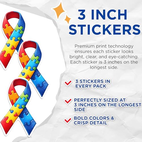 (3 Pack) Autism Awareness Decals - Jigsaw Ribbon Stickers - Laptop Autism Decal - 3 Inches On Longest Side - Easy Peel & Apply - Made in USA - 3MCS0998