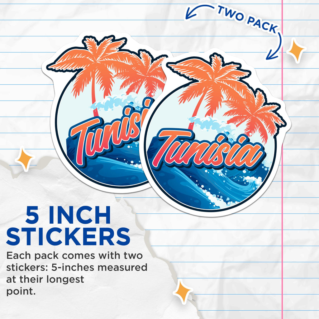 (2 Pack) Tunisia Stickers - Travel Stickers - Beach Vacation Decals - 5" On Longest Side - Sticks to Smooth Flat Surfaces - Made in USA - BMCS18823
