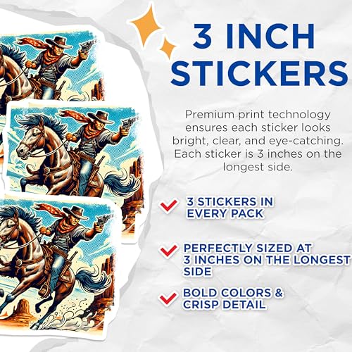 (3 Pack) Cowboy Decals - Wild West Decals - Western Decal - 3 Inches On Longest Side - Easy Peel & Apply - Made in USA - 3MCS4593