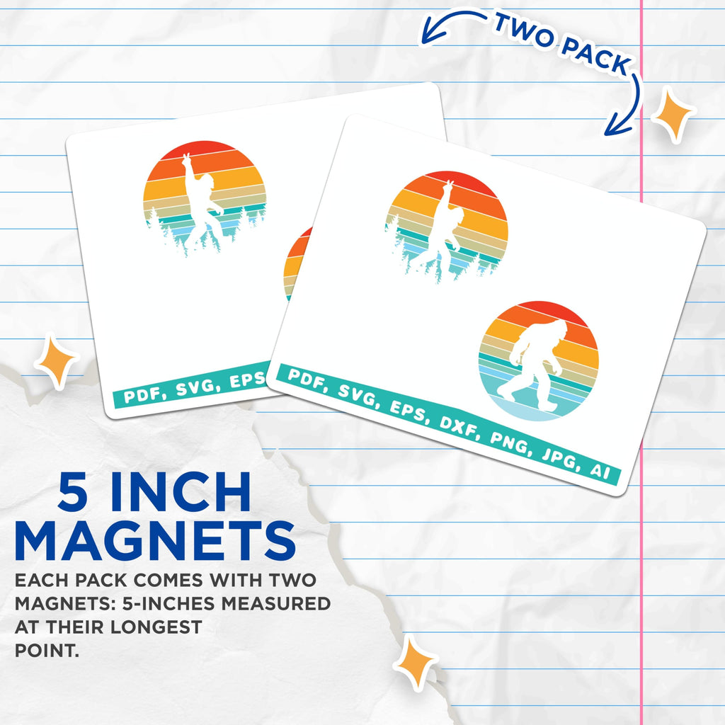 (2 Pack) Bigfoot Magnets - Sasquatch Sunset Vista - Retro Cryptid Forest Wanderer - Mysterious Mountain Creature Decals - 5 Inches On Longest Side - Thick Durable Magnet - Made in USA - MAG20610