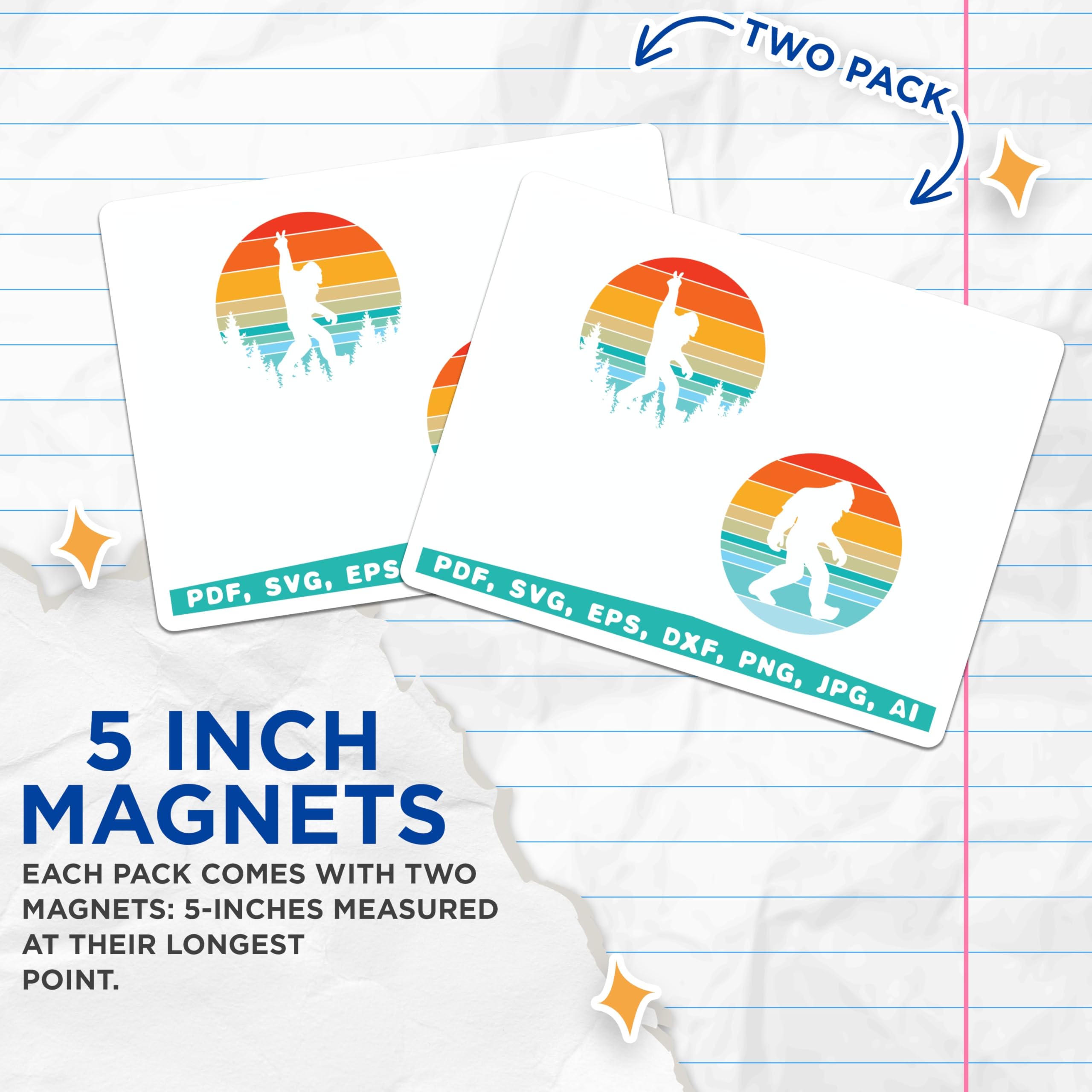 (2 Pack) Bigfoot Magnets - Sasquatch Sunset Vista - Retro Cryptid Forest Wanderer - Mysterious Mountain Creature Decals - 5 Inches On Longest Side - Thick Durable Magnet - Made in USA - MAG20610