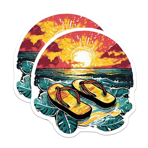 (2 Pack) Sunset Beach Flip Flops Stickers - Tropical Beach Vibes - Summer Travel Art - 5" On Longest Side - Sticks to Smooth Flat Surfaces - Made in USA - BMCS9321