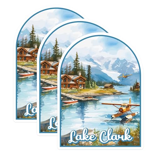 (3 Pack) Lake Clark Decals - Alaska Scenery - Seaplane Art - 3 Inches On Longest Side - Easy Peel & Apply - Made in USA - 3MCS0443