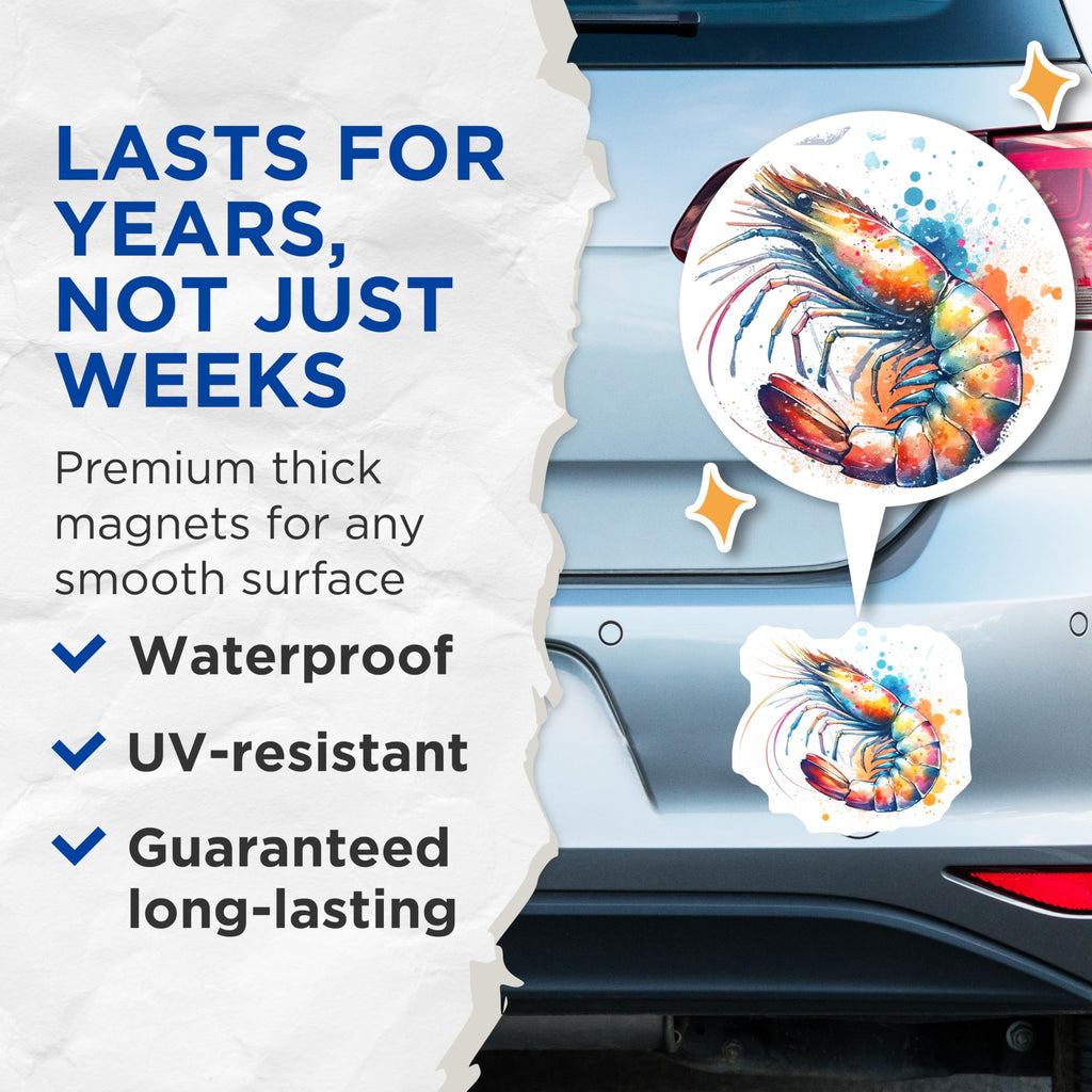 (2 Pack) Watercolor Shrimp Magnets - Seafood Art - Colorful Fridge Magnets - 5" On Longest Side - Premium Magnet - for Cars, Refrigerators, Toolboxes, Lockers - Made in USA - MAG14257