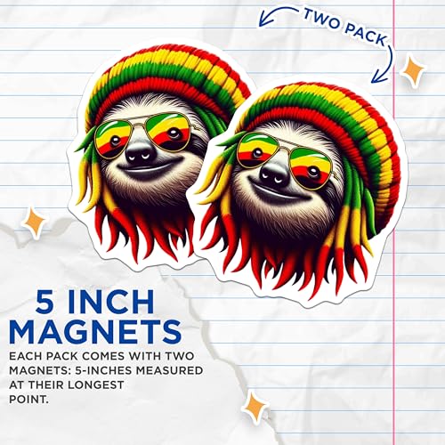 (2 Pack) Sloth Magnets - Funny Sloth Face with Sunglasses - Rasta Sloth Magnets for Home or Office - 5" On Longest Side - for Cars, Fridges, Toolboxes - Made in USA - MAG4386