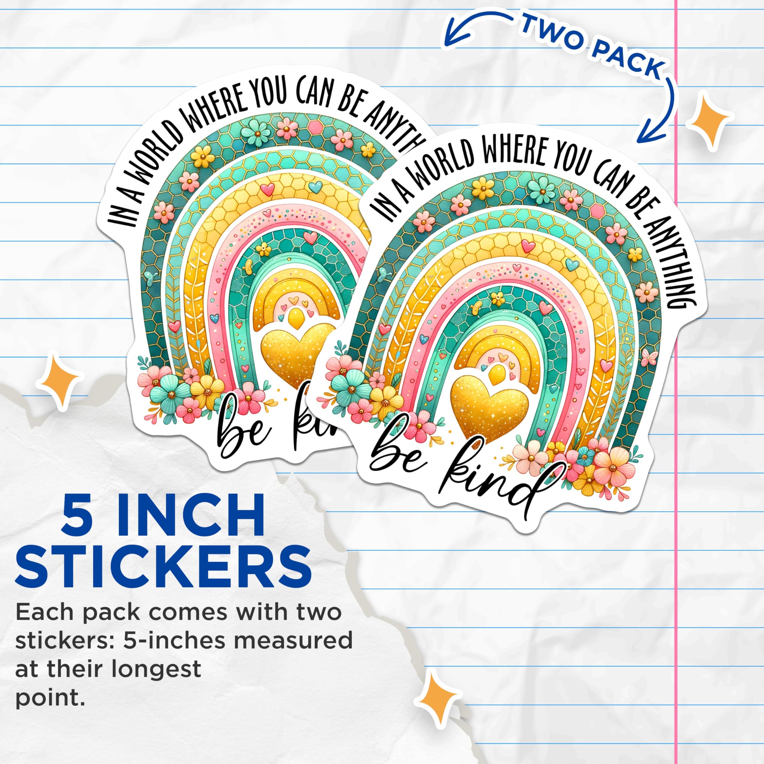 (2 Pack) Be Kind Stickers - Rainbow Positivity Stickers - Inspirational Quote Stickers - 5" On Longest Side - Sticks to Any Smooth Flat Surface - Made in USA - BMCS3229
