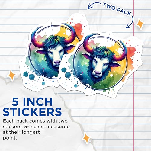 (2 Pack) Zodiac Sign Taurus Stickers - Watercolor Animal Art - Colorful Bull Head Design - 5" On Longest Side - Sticks to Smooth Flat Surfaces - Made in USA - BMCS6583