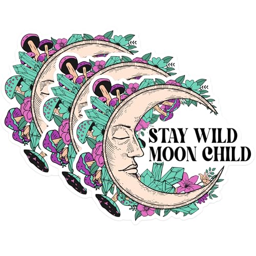 (3 Pack) Stay Wild Moon Child Decals - Floral Crescent Moon - Crystal Mushroom Laptop Decal - 3 Inches On Longest Side - Easy Peel & Apply - Made in USA - 3MCS1394