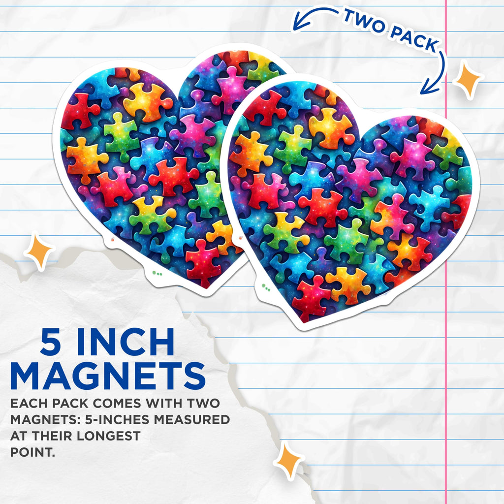 (2 Pack) Heart Puzzle Piece Magnets - 5" On Longest Side - for Cars, Fridges, Toolboxes - Made in USA - MAG7907
