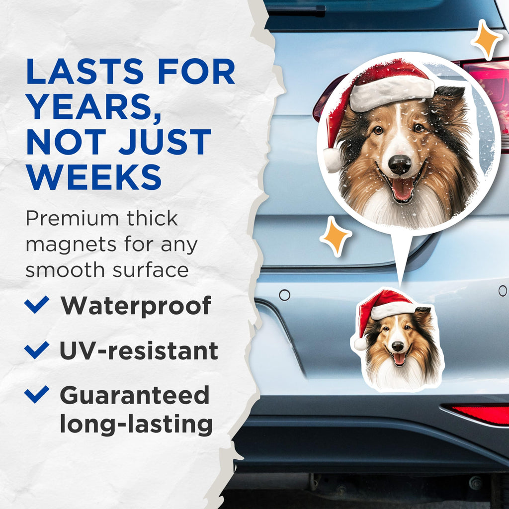 (2 Pack) Shetland Sheepdog Magnets - Happy Sheltie Christmas Decor - Santa Hat Dog Holiday Festive Accent - 5 Inches On Longest Side - Thick Durable Magnet - Made in USA - MAG23718