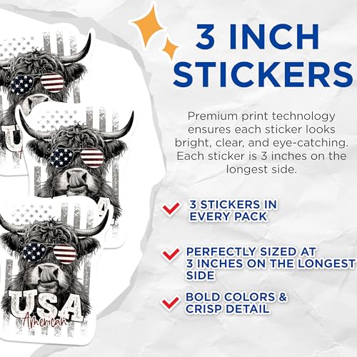 (3 Pack) Patriotic Highland Cow Decals - American Flag - USA Laptop Decal - 3 Inches On Longest Side - Easy Peel & Apply - Made in USA - 3MCS1086
