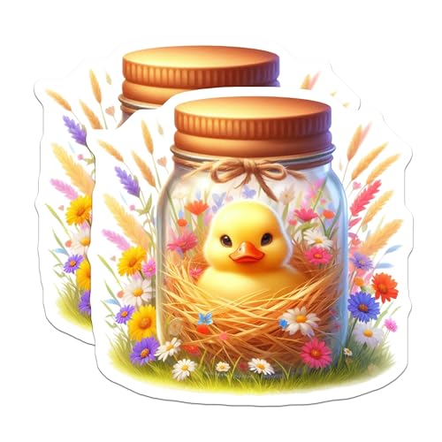 (2 Pack) Cute Duckling in Mason Jar Stickers - Adorable Animal Decal - Cute Springtime Sticker - 5" On Longest Side - Sticks to Smooth Flat Surfaces - Made in USA - BMCS9389
