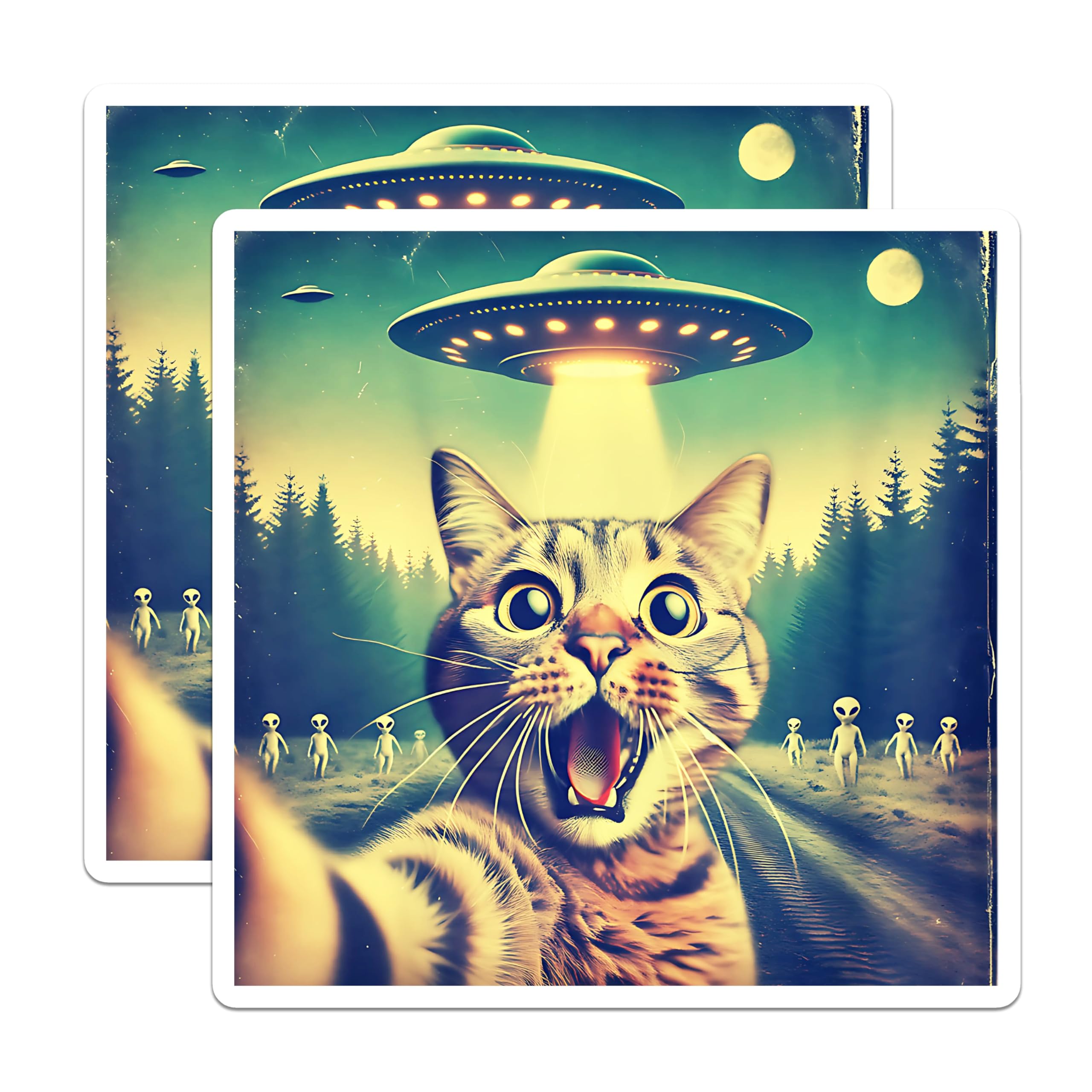 Bliss Monkey Co. (2 Pack) Cat Alien Abduction Stickers - Multicolor Vinyl Stickers - Retro UFO Cat Stickers - 5" On Longest Side - Sticks to Metal, Plastic, Glass - Made in USA