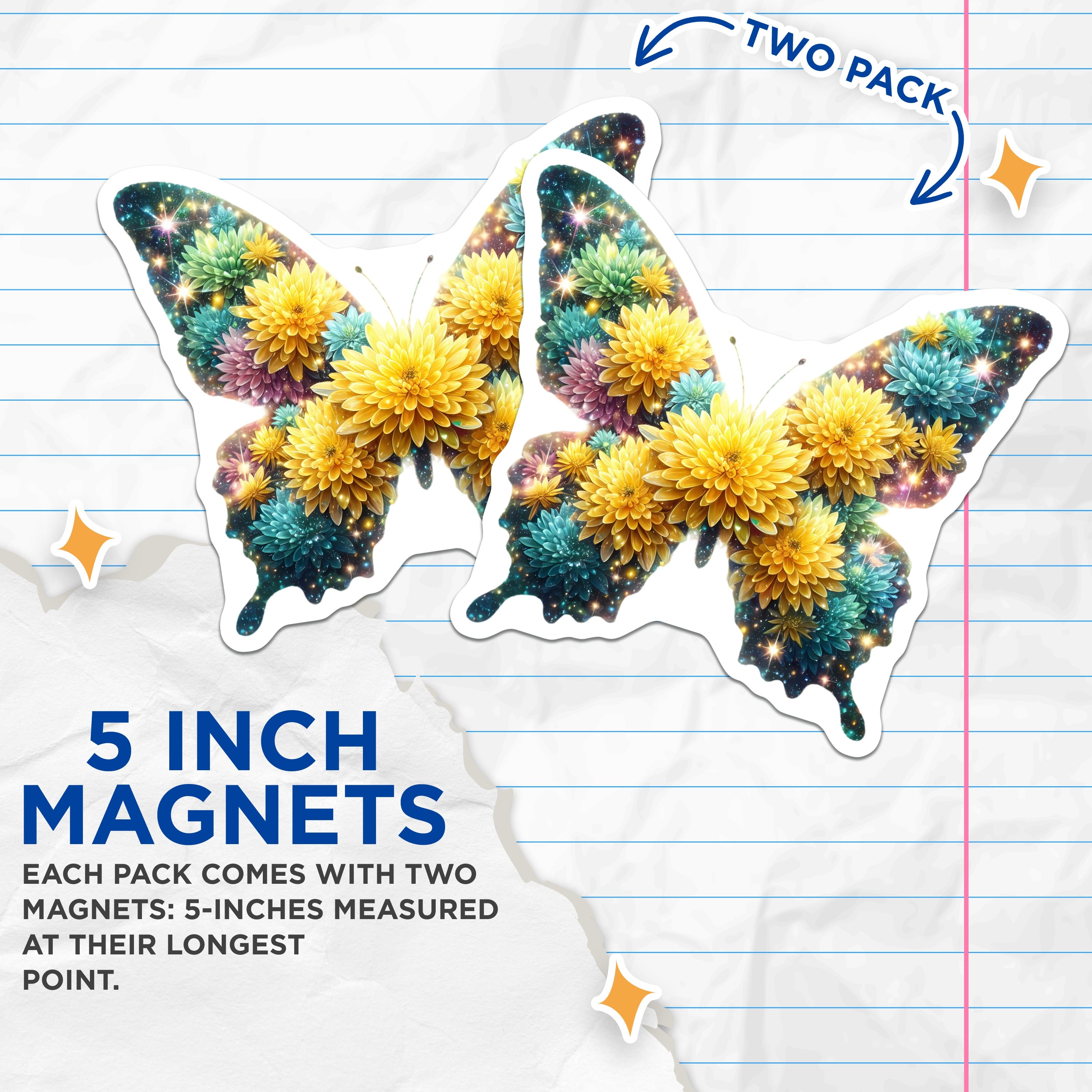 (2 Pack) Floral Butterfly Magnets - Cosmic Starry Design - Whimsical Fridge Locker Decor - 5 Inches On Longest Side - Thick Durable Magnet - Made in USA - MAG39222