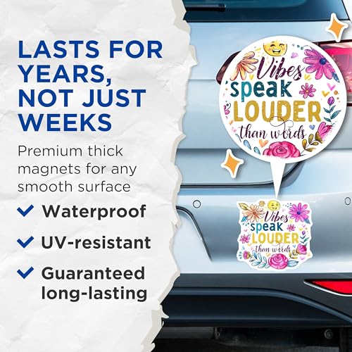 (2 Pack) Vibes Speak Louder Than Words Magnets - Inspirational Quotes - Floral Pattern - 5" On Longest Side - for Cars, Fridges, Toolboxes - Made in USA - MAG4330