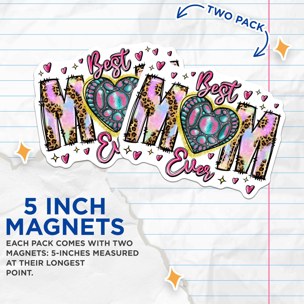 (2 Pack) Best Mom Ever Magnets - Leopard Print Pink Heart Accent - Mothers Day Birthday Appreciation Decor - 5 Inches On Longest Side - Thick Durable Magnet - Made in USA - MAG24225