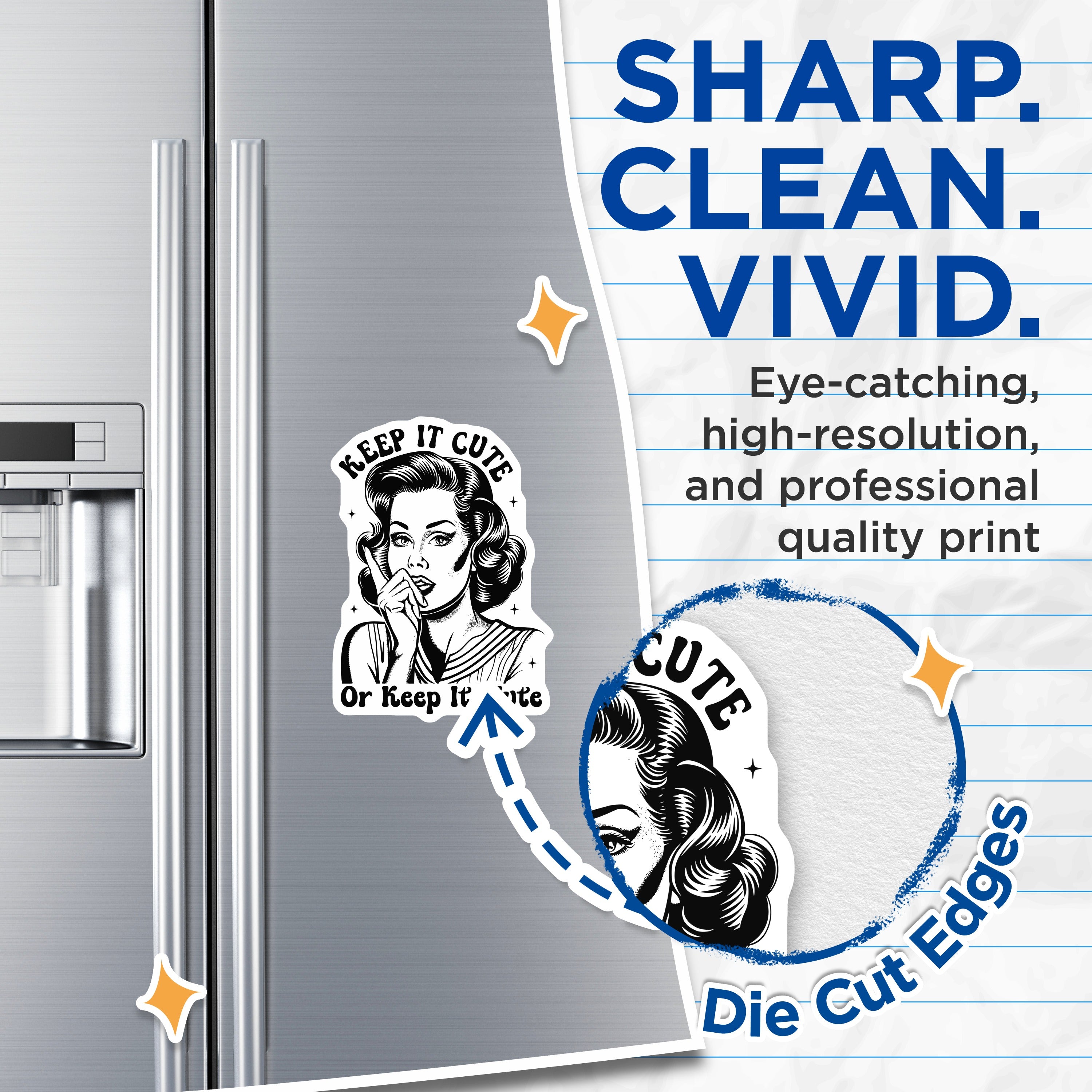 (2 Pack) Sassy Woman Magnets - Funny Keep It Cute Quote - Retro Comic Book Style Fridge Decor - 5 Inches On Longest Side - Thick Durable Magnet - Made in USA - MAG36153