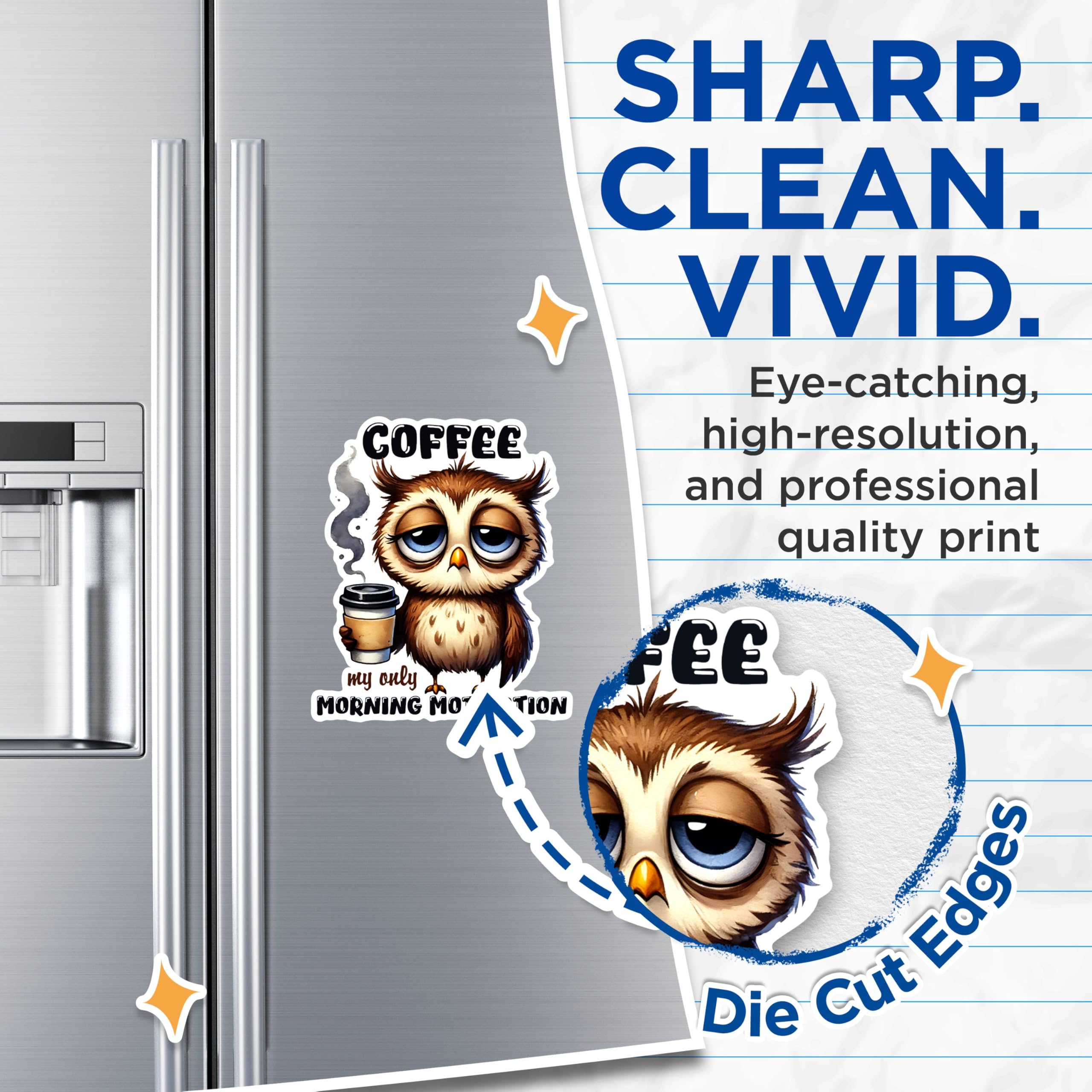 (2 Pack) Coffee Theme Owl Magnets - Morning Motivation Magnets - Cute Animal Magnets for Coffee Lovers- 5" On Longest Side - for Fridges, Toolboxes, Cars - Made in USA - MAG2767