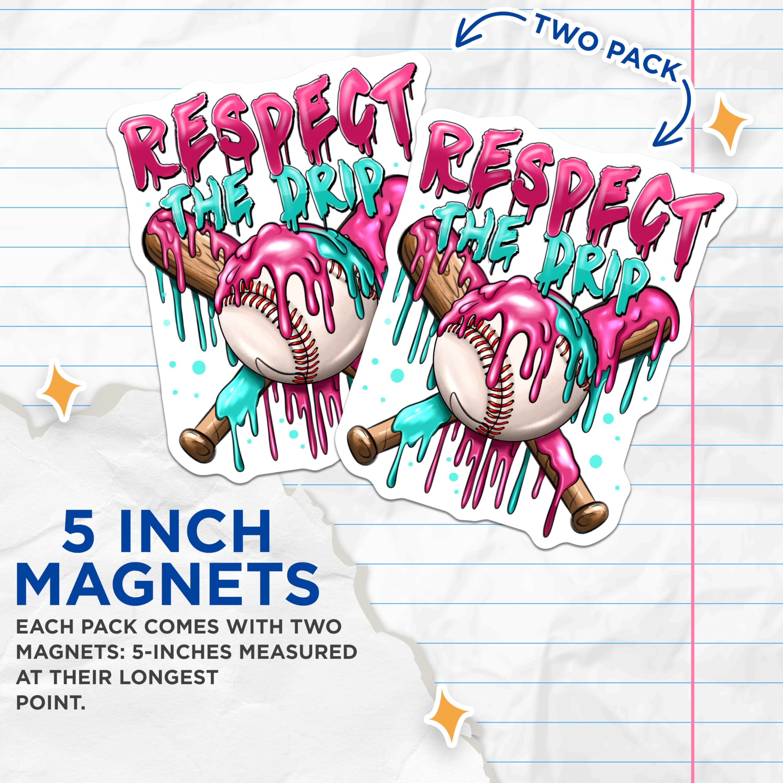 (2 Pack) Respect The Drip Baseball Magnets - Cool Baseball Art - Sports Fan Locker Decor - Teen Athlete Fridge - 5 Inches On Longest Side - Thick Durable Magnet - Made in USA - MAG26793