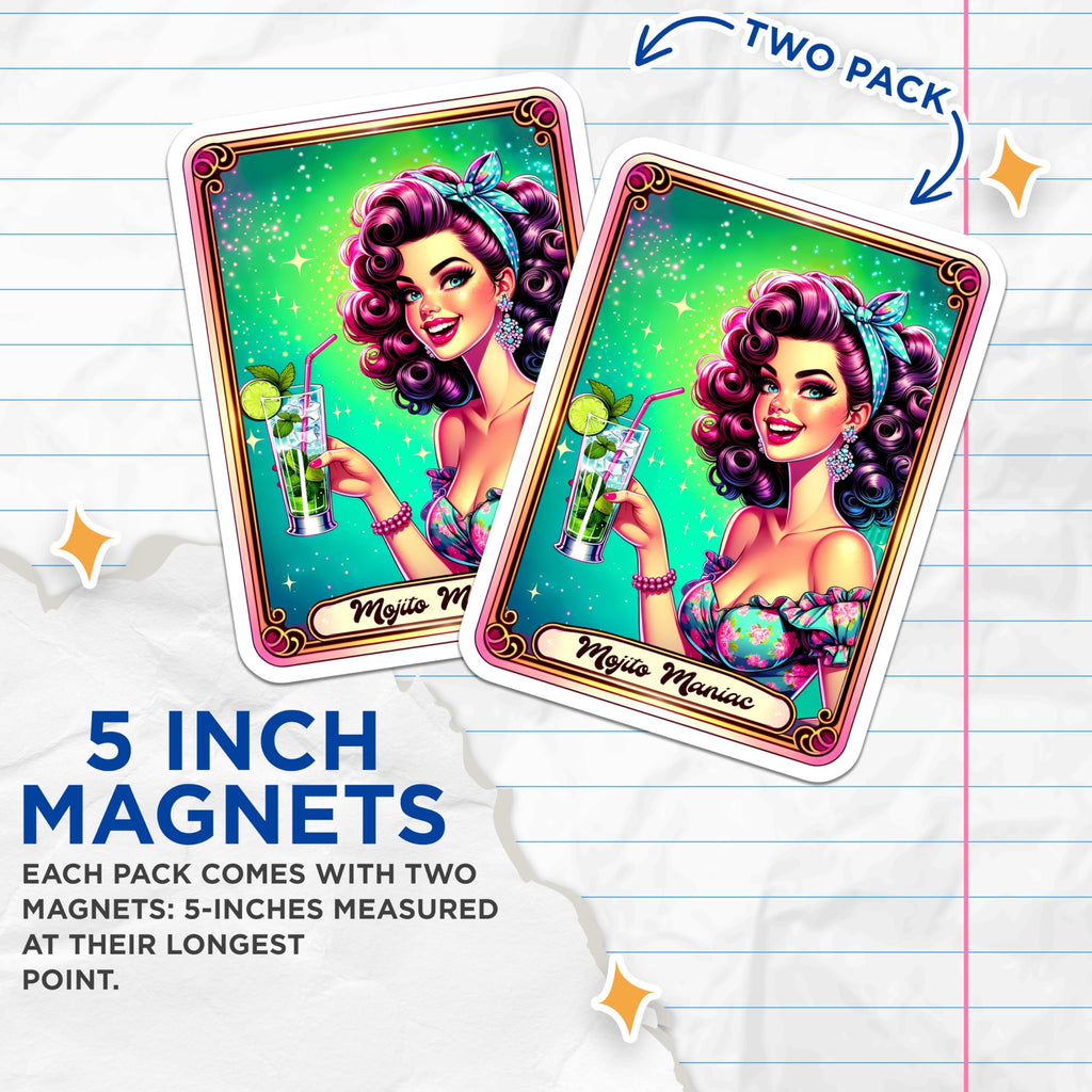 (2 Pack) Mojito Maniac Magnets - Retro Pinup Girl Art - Cocktail Lover Decor - 5 Inches On Longest Side - Thick Durable Magnet - Made in USA - MAG20954