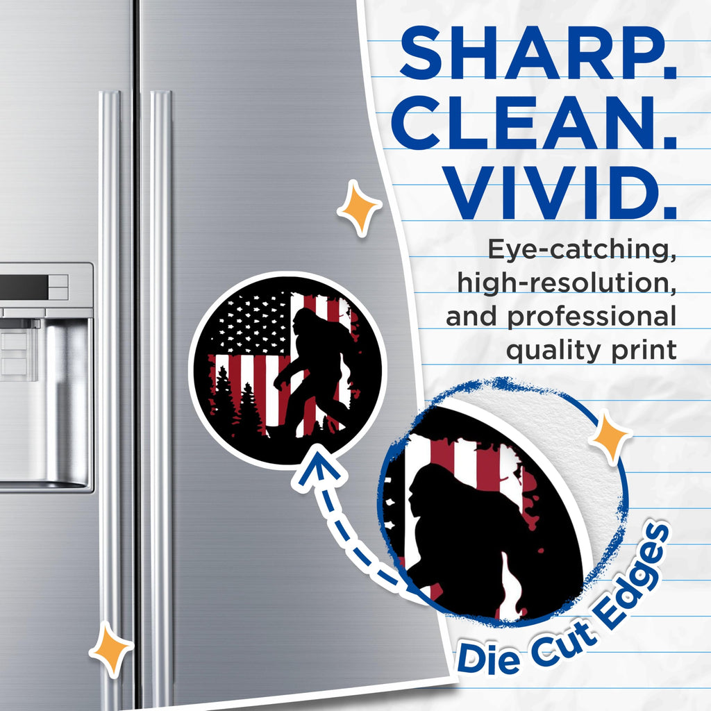 (2 Pack) Bigfoot Magnets - American Flag Sasquatch - Outdoorsy Refrigerator Locker Decor - 5 Inches On Longest Side - Thick Durable Magnet - Made in USA - MAG27165