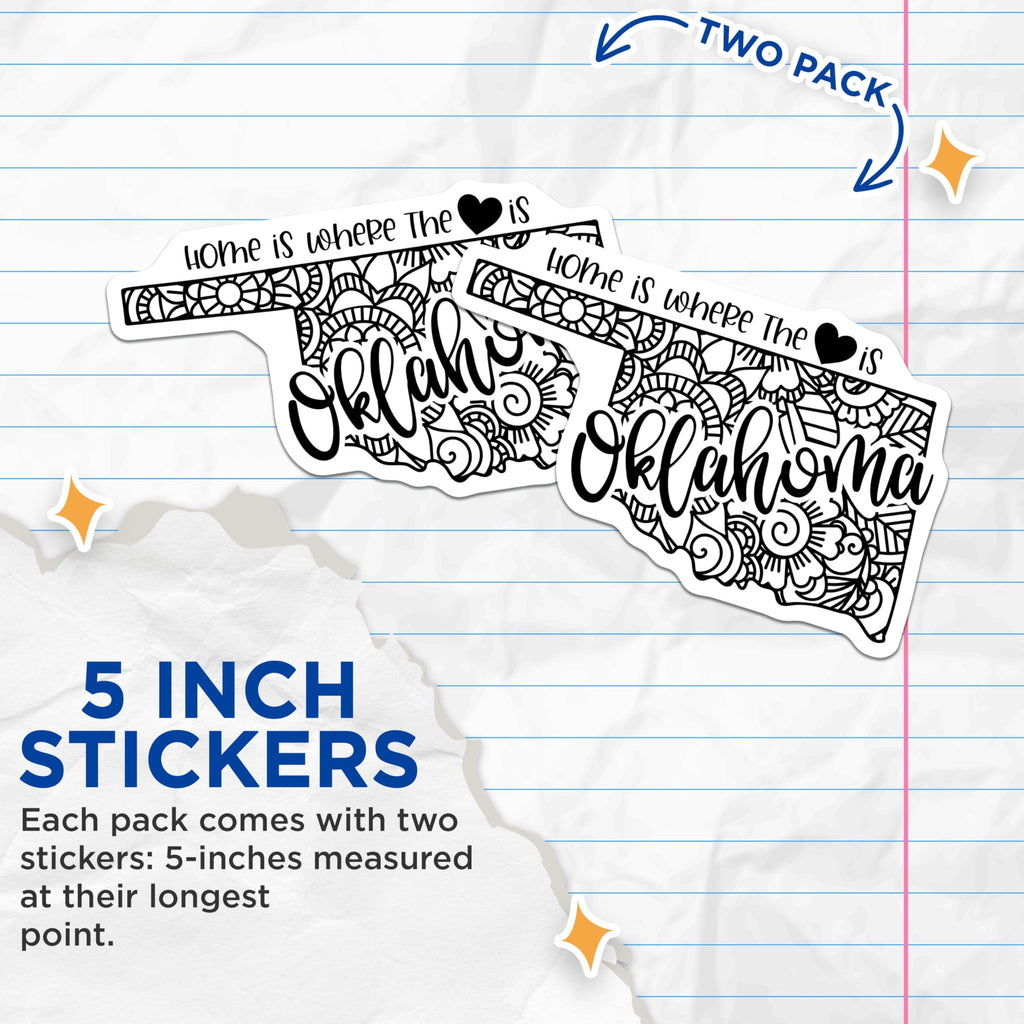 (2 Pack) Home is Where The Heart is Stickers - Oklahoma State Outline - Floral Design Sticker Pack - 5" On Longest Side - Sticks to Smooth Flat Surfaces - Made in USA - BMCS9086
