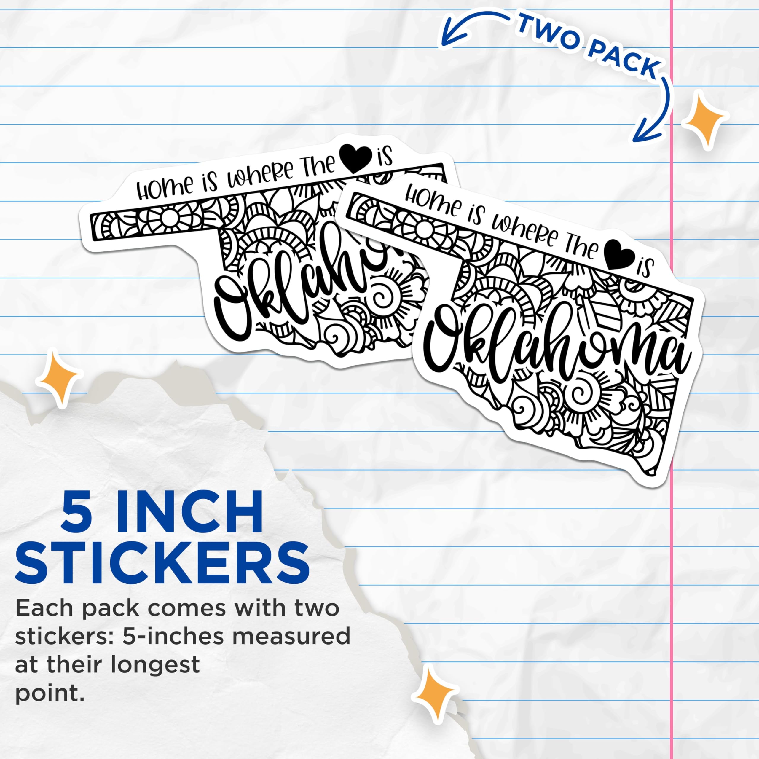 (2 Pack) Home is Where The Heart is Stickers - Oklahoma State Outline - Floral Design Sticker Pack - 5" On Longest Side - Sticks to Smooth Flat Surfaces - Made in USA - BMCS9086