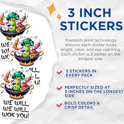 (3 Pack) We Will Wok You Decals - Funny Food Puns - Chef Kitchen Decor - 3 Inches On Longest Side - Easy Peel & Apply - Made in USA - 3MCS6403