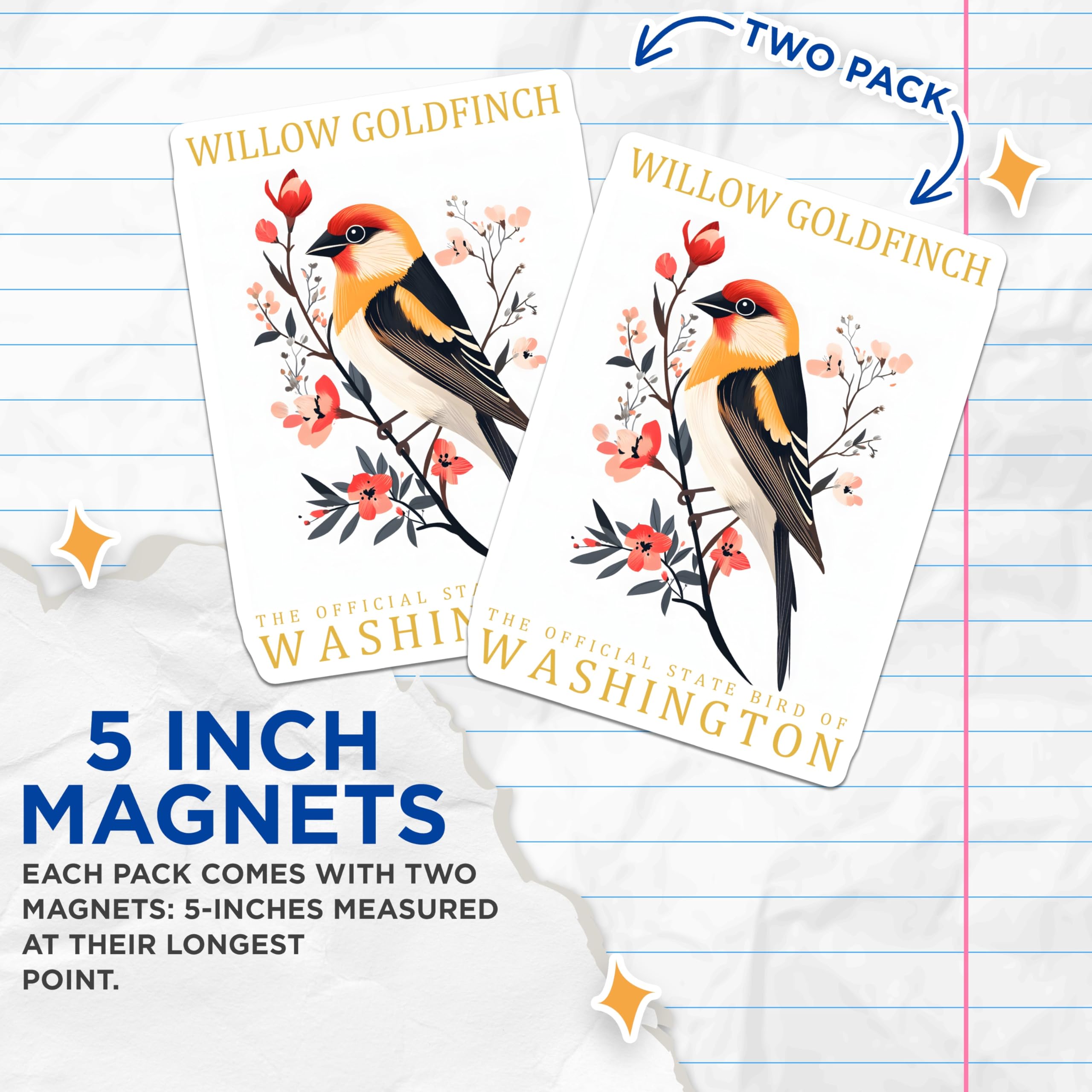 (2 Pack) Willow Goldfinch Magnets - State Bird Magnets - Washington Souvenir Magnets - 5" On Longest Side - Premium Magnet - for Cars, Refrigerators, Toolboxes, Lockers - Made in USA - MAG17233