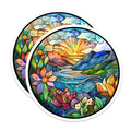 (2 Pack) Stained Glass Nature Magnets - Sunset Mountain Landscape - Vibrant Floral River Scene - 5 Inches On Longest Side - Thick Durable Magnet - Made in USA - MAG24833
