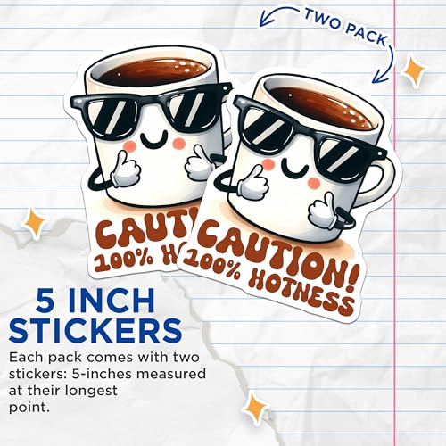 (2 Pack) Caution 100 Percent Hotness Stickers - Funny Coffee Cup Stickers - Kawaii Coffee Mug Stickers - 5" On Longest Side - Sticks to Any Smooth Flat Surface - Made in USA - BMCS3290