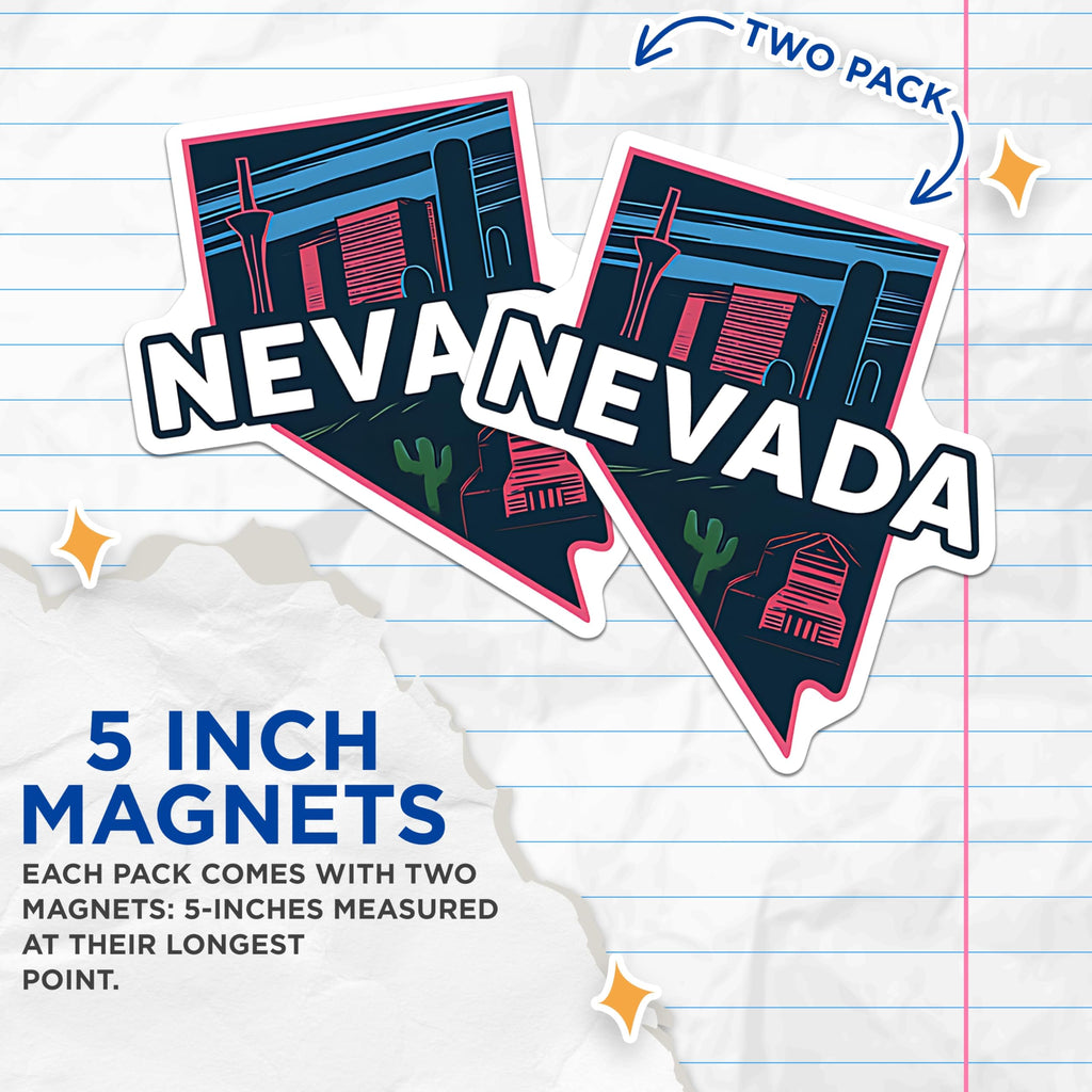 (2 Pack) Nevada State Magnets - Las Vegas Landmark Art - Desert Cactus Souvenir - 5 Inches On Longest Side - Thick Durable Magnet - Made in USA - MAG22869