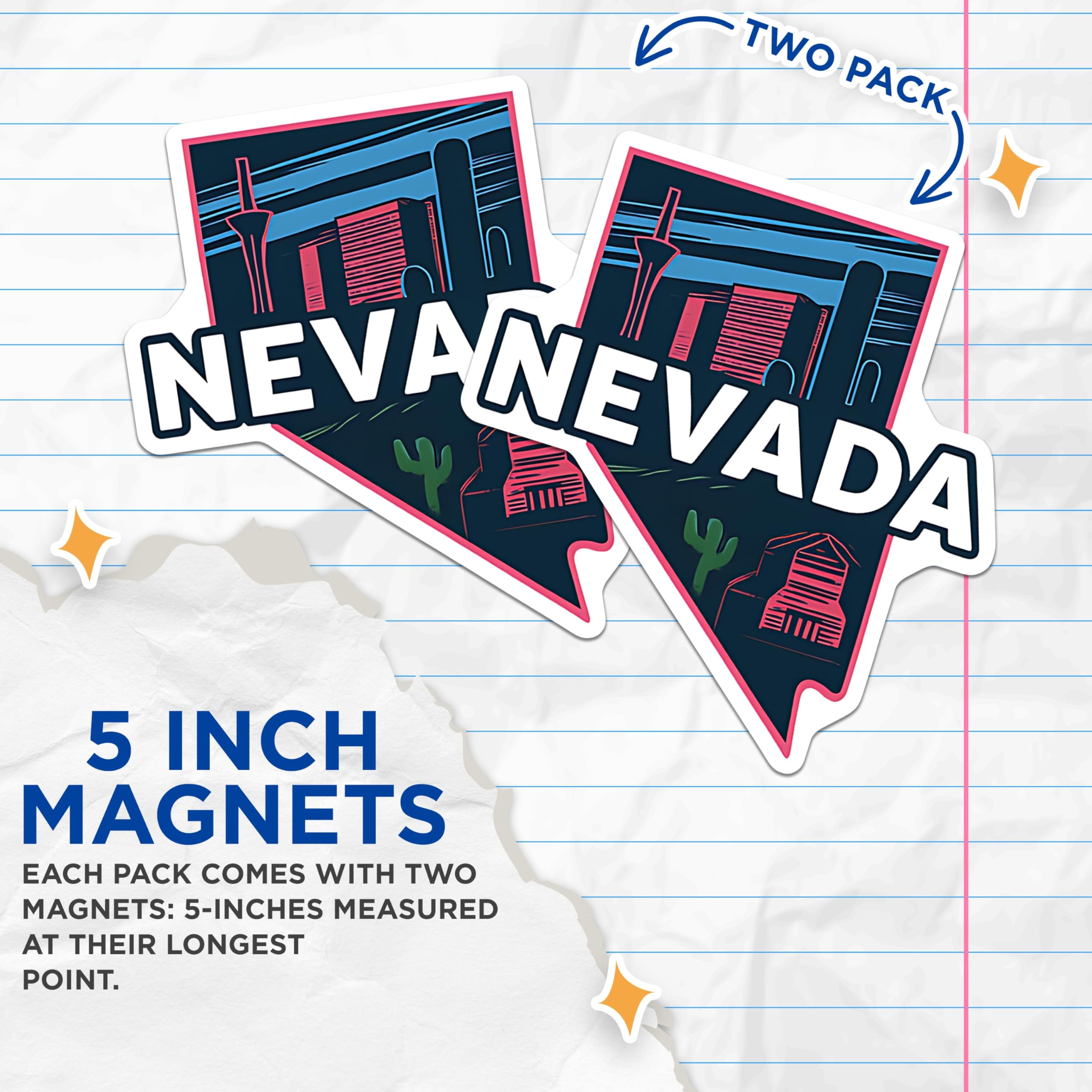 (2 Pack) Nevada State Magnets - Las Vegas Landmark Art - Desert Cactus Souvenir - 5 Inches On Longest Side - Thick Durable Magnet - Made in USA - MAG22869