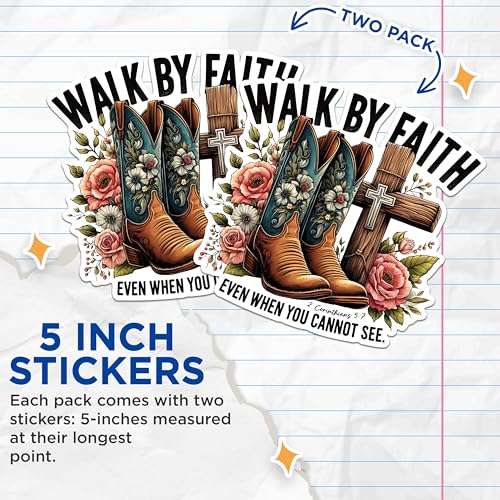 (2 Pack) Walk by Faith Stickers - Inspirational Boot Stickers - Floral Cross Stickers - 5" On Longest Side - Sticks to Any Smooth Flat Surface - Made in USA - BMCS2839