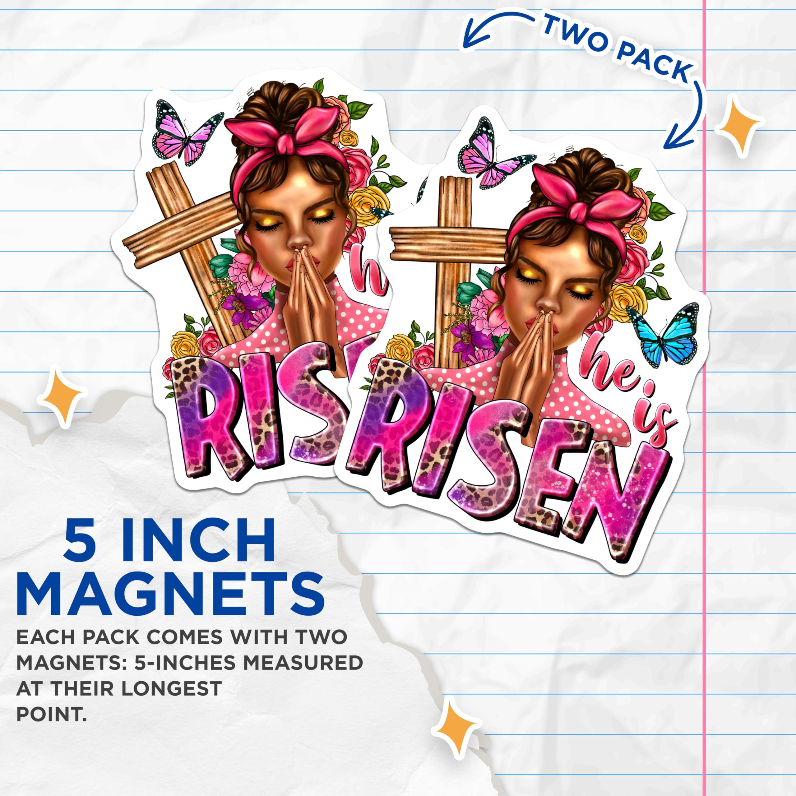 (2 Pack) He is Risen Magnets - Christian Easter Decor - Praying Woman Faith Art - 5 Inches On Longest Side - Thick Durable Magnet - Made in USA - MAG29010