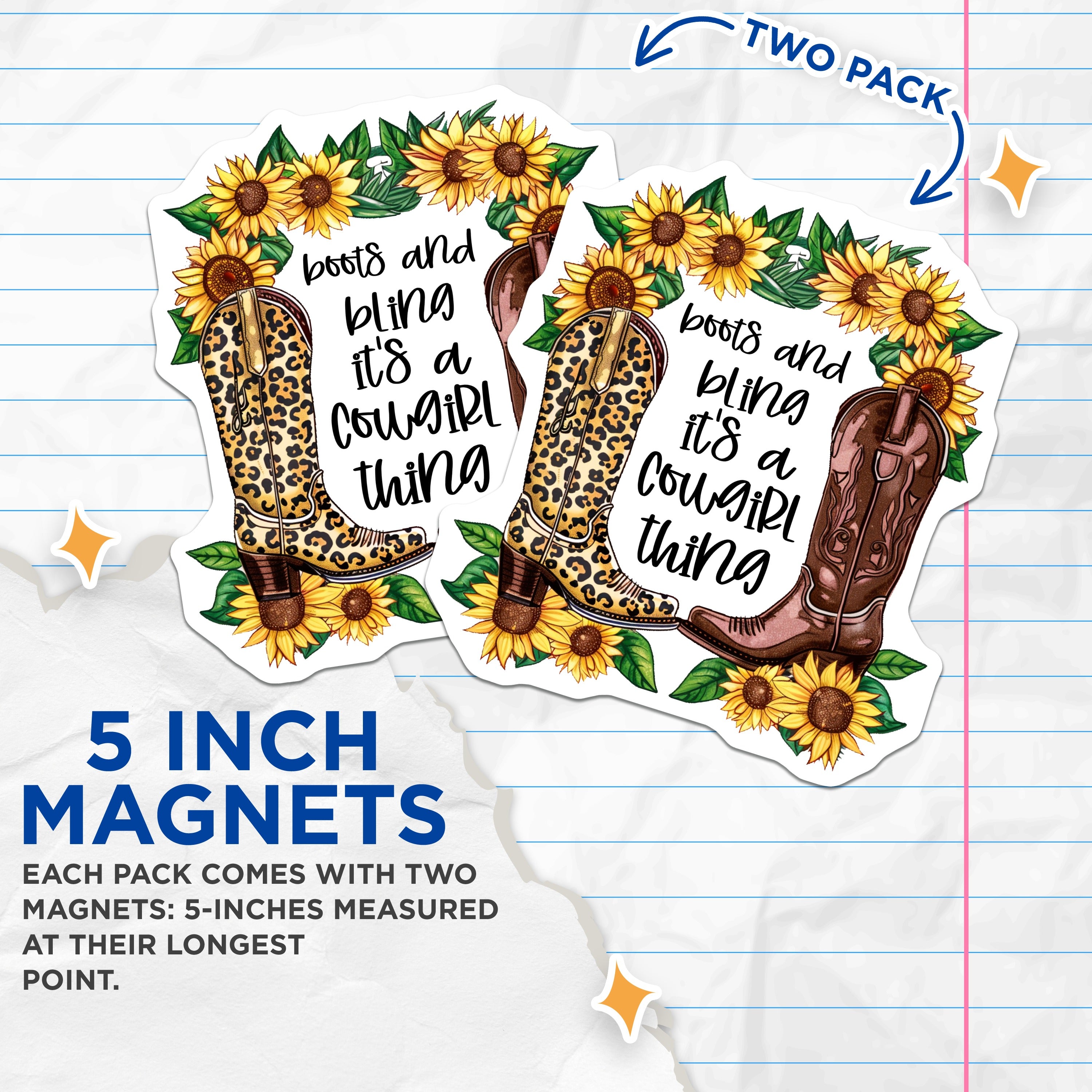 (2 Pack) Cowgirl Boots Magnets - Western Decor Aesthetic - Country Girl Sunflower Leopard Print Refrigerator Magnets - 5 Inches On Longest Side - Thick Durable Magnet - Made in USA - MAG38092
