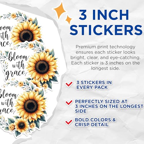 (3 Pack) Sunflower Decals - Bloom with Grace - Floral Laptop Decal - 3 Inches On Longest Side - Easy Peel & Apply - Made in USA - 3MCS1692