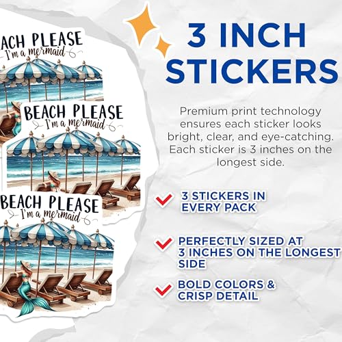 (3 Pack) Beach Please I'm a Mermaid Decals - Summer Beach - Mermaid Art - 3 Inches On Longest Side - Easy Peel & Apply - Made in USA - 3MCS8069
