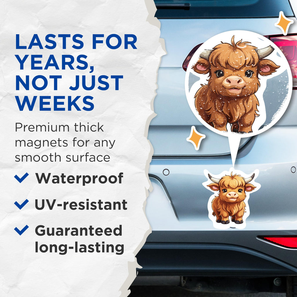 (2 Pack) Cute Highland Cow Magnets - Cartoon Highland Cow - 5 Inches On Longest Side - Premium Magnet - for Cars, Refrigerators, Toolboxes - Made in USA - MAG2183