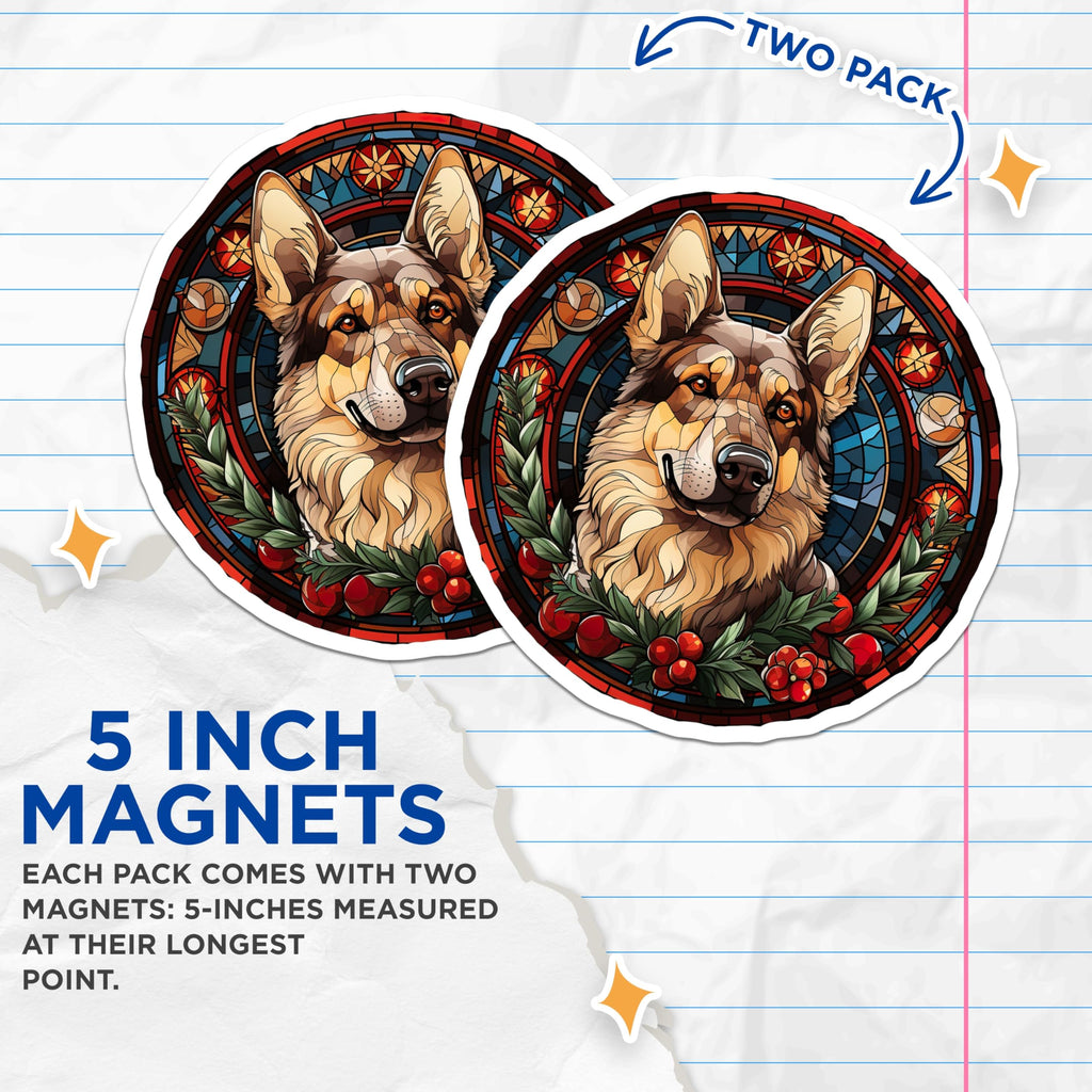 (2 Pack) German Shepherd Magnets - Stained Glass Dog Art - Holiday Pet Decor - 5 Inches On Longest Side - Thick Durable Magnet - Made in USA - MAG25375