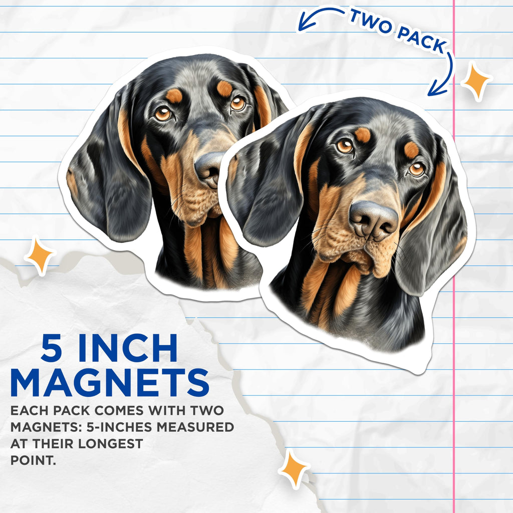 (2 Pack) Black Tan Coonhound Magnets - Hound Dog Lovers - Pet Owner Decor - 5 Inches On Longest Side - Thick Durable Magnet - Made in USA - MAG30525