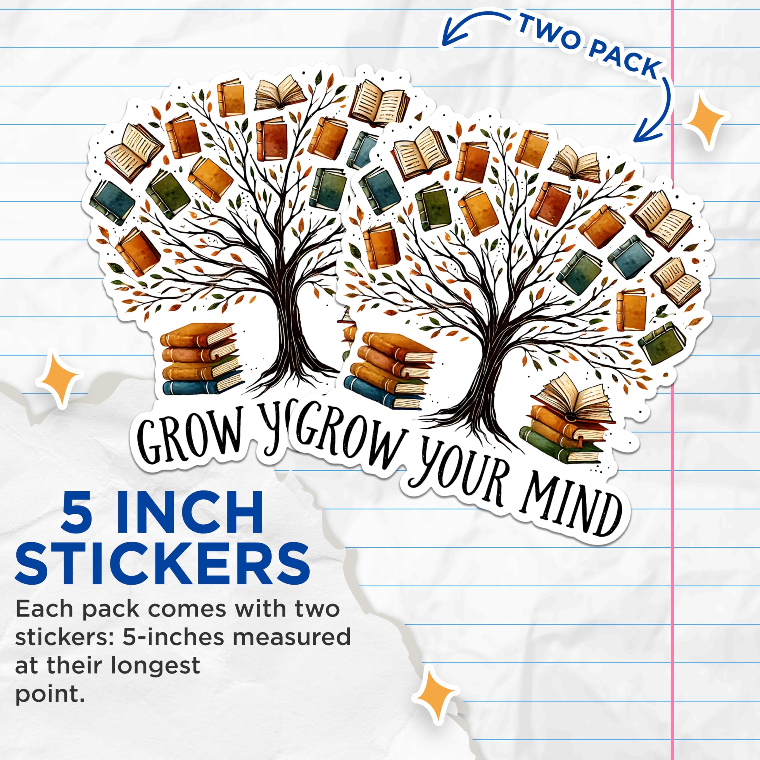 (2 Pack) Grow Your Mind Stickers - Inspirational Book Stickers - Tree of Knowledge Decals - 5" On Longest Side - Sticks to Any Smooth Flat Surface - Made in USA - BMCS2754