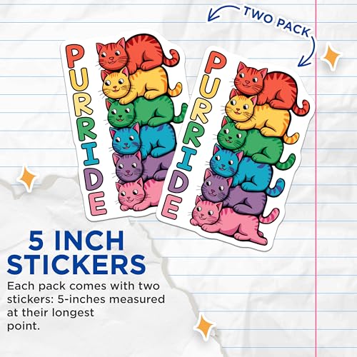(2 Pack) Cat Rainbow Stack Stickers - Purride - Fun Cat Pride Stickers - 5" On Longest Side - Sticks to Smooth Flat Surfaces - Made in USA - BMCS9555