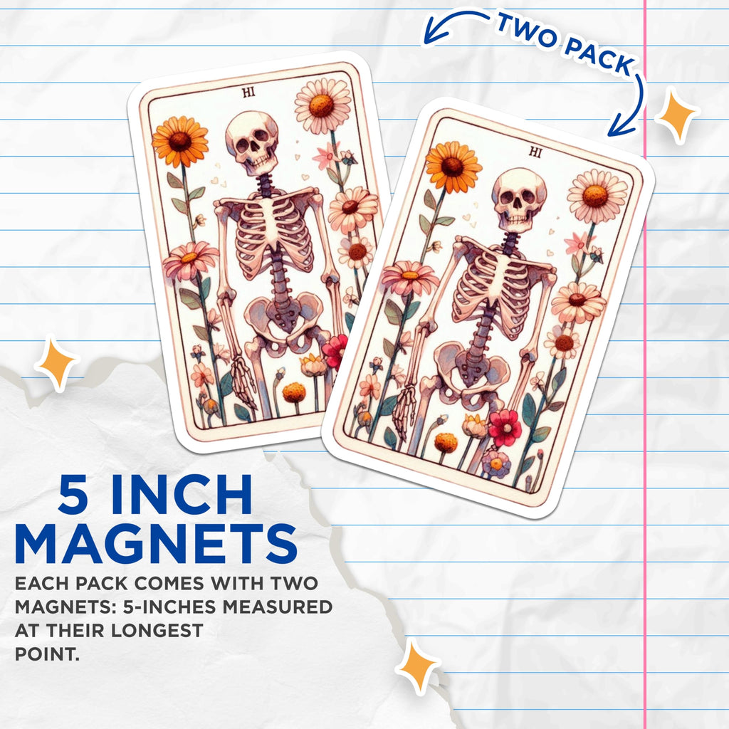 (2 Pack) Floral Skeleton Magnets - Whimsical Botanical Decor - Unique Anatomy Art - Friendly HI Skeleton Tarot Card Aesthetic - 5 Inches On Longest Side - Thick Durable Magnet - Made in USA - MAG21694