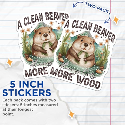 (2 Pack) Clean Beaver Stickers - Cute Animal Decal - Motivational Sticker - 5" On Longest Side - Sticks to Smooth Flat Surfaces - Made in USA - BMCS9560