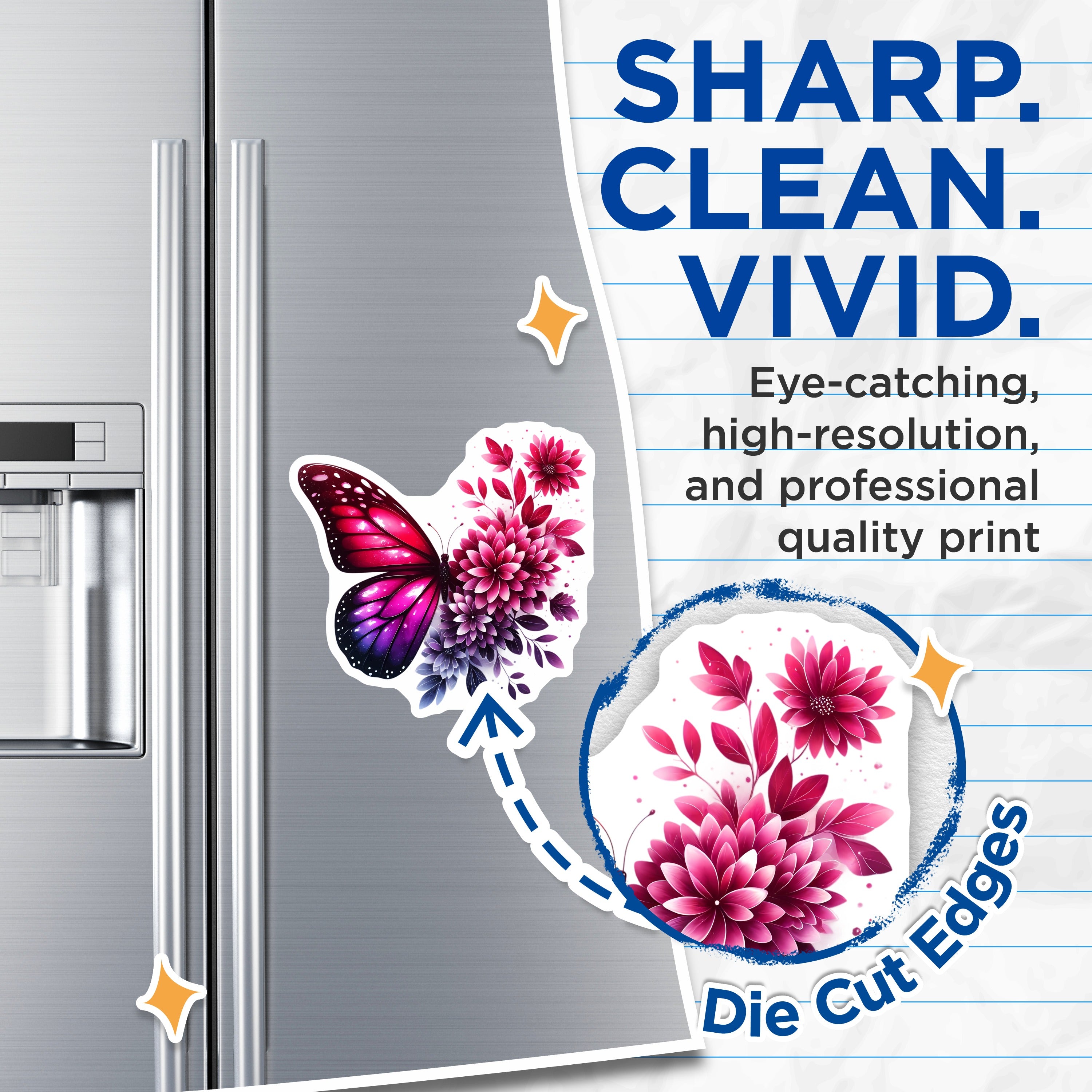 (2 Pack) Butterfly Floral Magnets - Vibrant Pink Purple Decor - Refrigerator Aesthetic Art - 5 Inches On Longest Side - Thick Durable Magnet - Made in USA - MAG36514