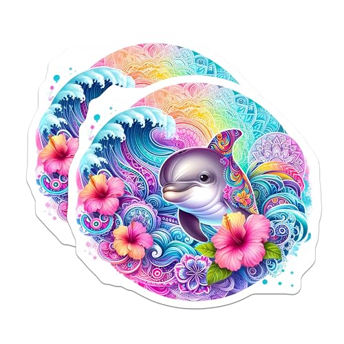 (2 Pack) Vibrant Dolphin Stickers - Ocean Wave Hibiscus Decal - Colorful Mandala Art - 5" On Longest Side - Sticks to Smooth Flat Surfaces - Made in USA - BMCS9480