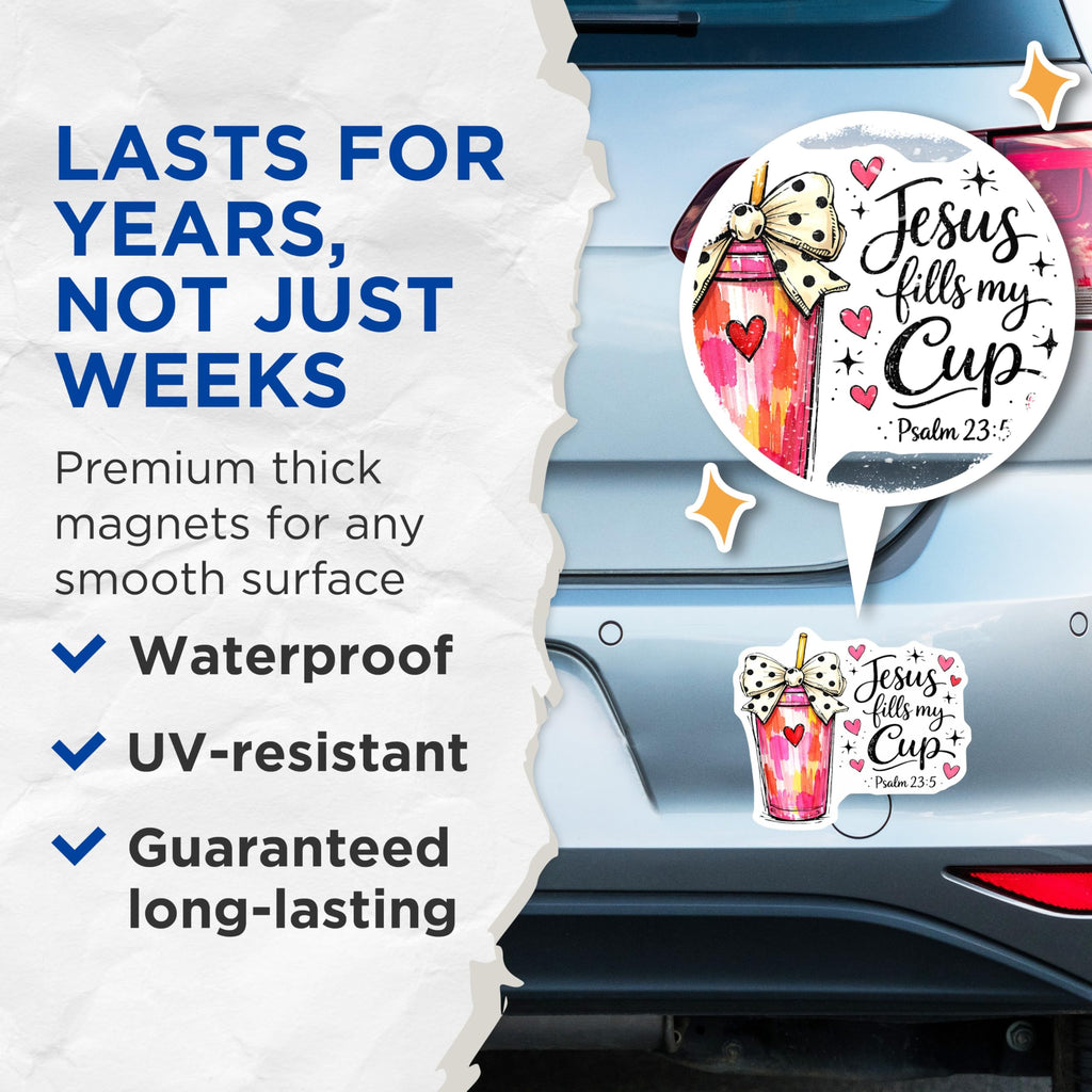 (2 Pack) Jesus Fills My Cup Magnets - Psalm 23 5 Christian Bible Verse Art - Inspirational Refrigerator Locker Decoration - 5 Inches On Longest Side - Thick Durable Magnet - Made in USA - MAG19658
